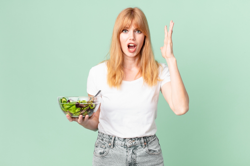 Woman is angry and eating